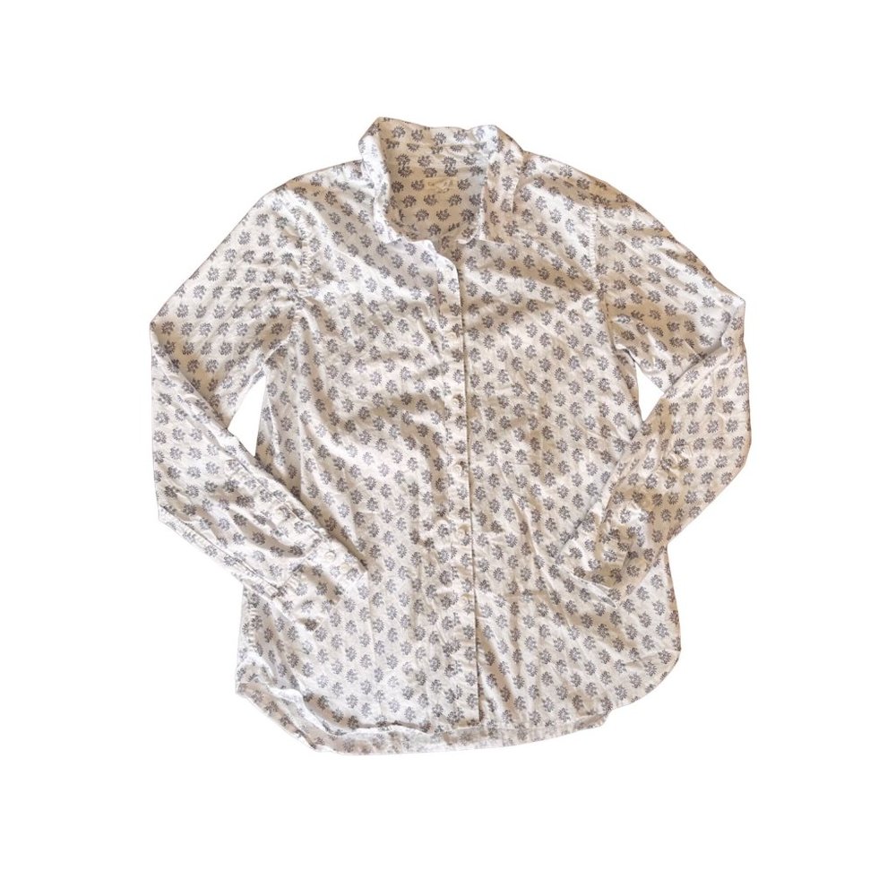 Garnett Hill Womens Shirt Button Down White Navy Small Flowers Size 08
